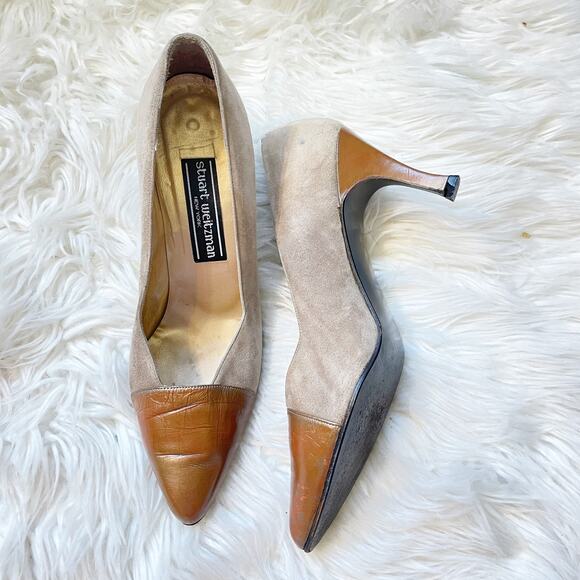 Stuart Weitzman Vintage Tan Suede Cap Toe Heels Pumps Women's Size 6 Wide - Picture 4 of 10